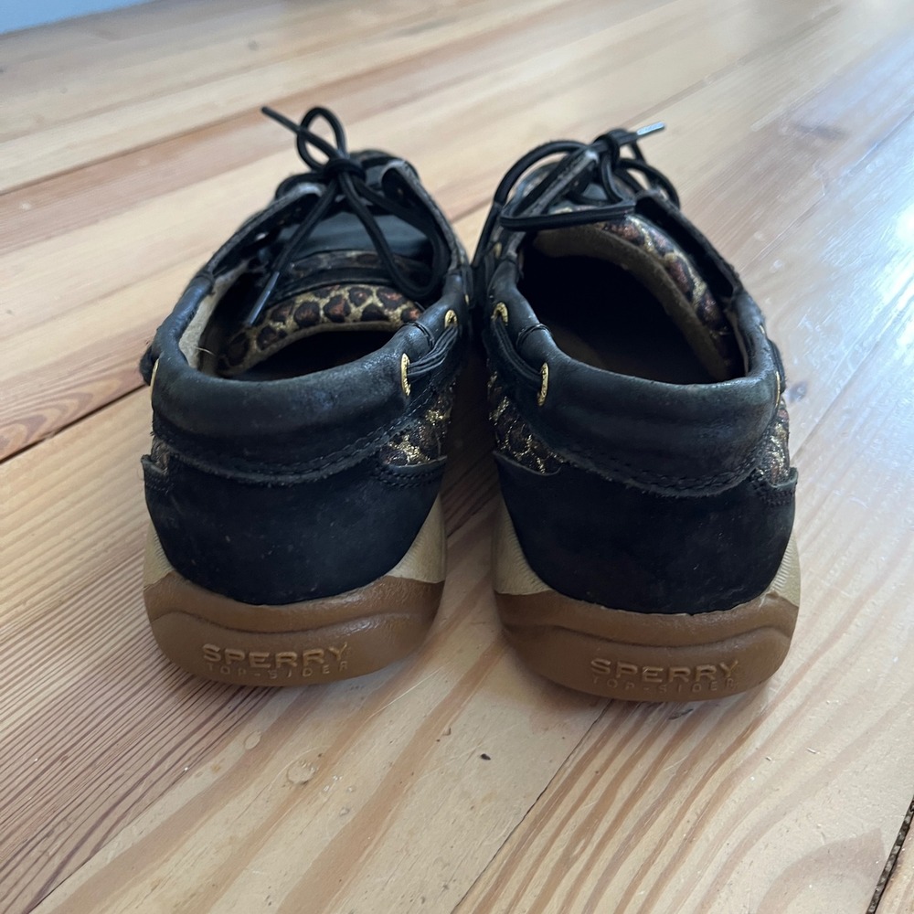 Sperry Top-Sider Angfish Black Leather Leopard Glitter Boat Shoes loafers 6.5 - Picture 2 of 9